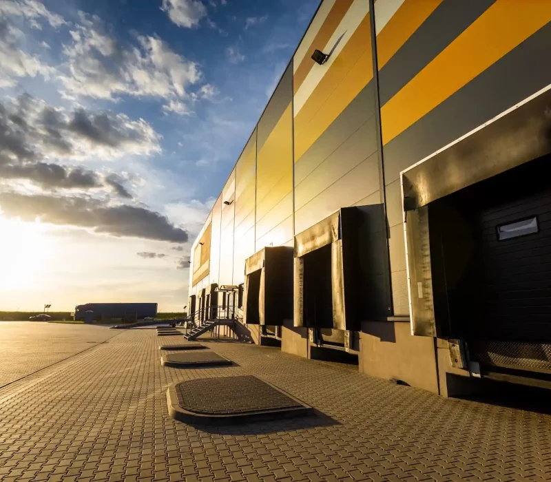 Aussenansicht einer Logistikhalle mit Laderampen bei Dämmerung - Harris Hawk GmbH
